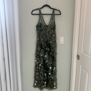 Zara Green Sequin Midi Dress Sleeveless V-Neck Cocktail